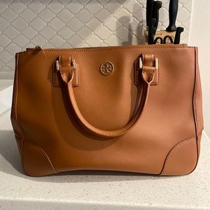 Large brown Tory Burch Double Zipper Robinson tote